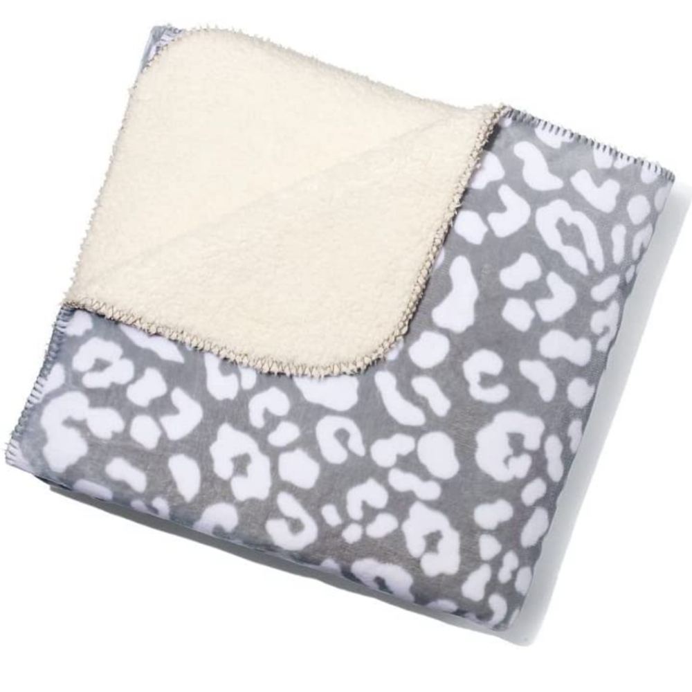 Victoria's Secret Pink Gray Leopard Sherpa blanket and matching pillow